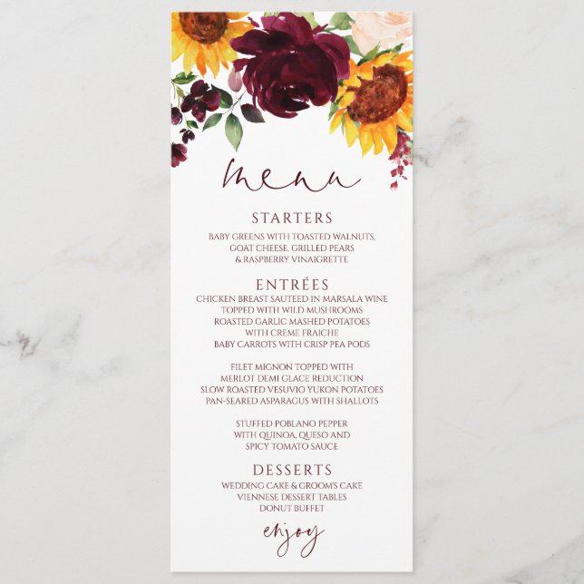 Menu Roses Tournesol Rustiques Rouge Bourgogne Mariage (Devant)