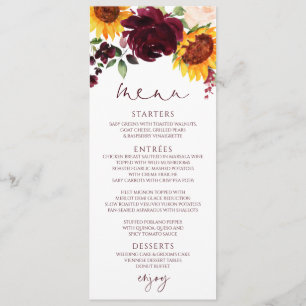 Menu Roses Tournesol Rustiques Rouge Bourgogne Mariage