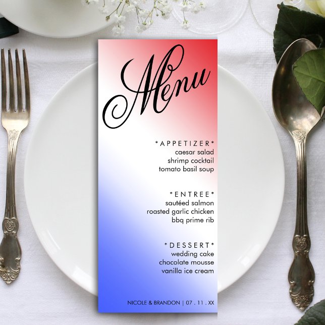 Menu Rouge Blanc & Bleu Élégant Script Réception de mar (Red White & Blue Elegant Script Wedding Reception Menu)