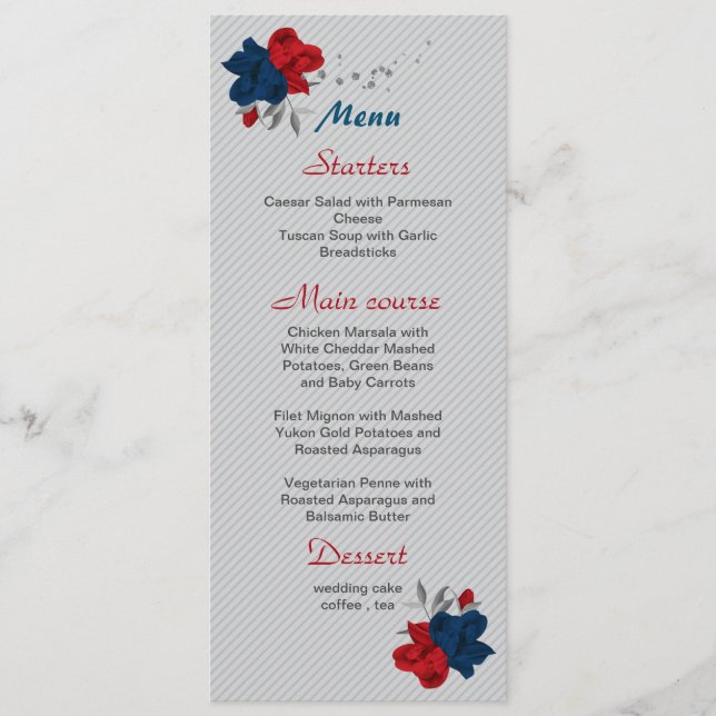 Menu rouge & bleu marine fleurs mariage botanique (Devant)
