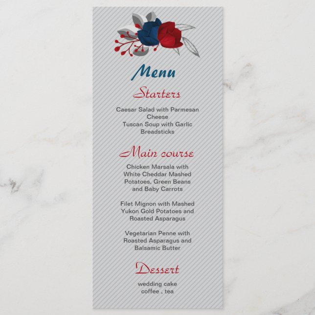 Menu rouge & bleu marine fleurs mariage botanique (Devant)