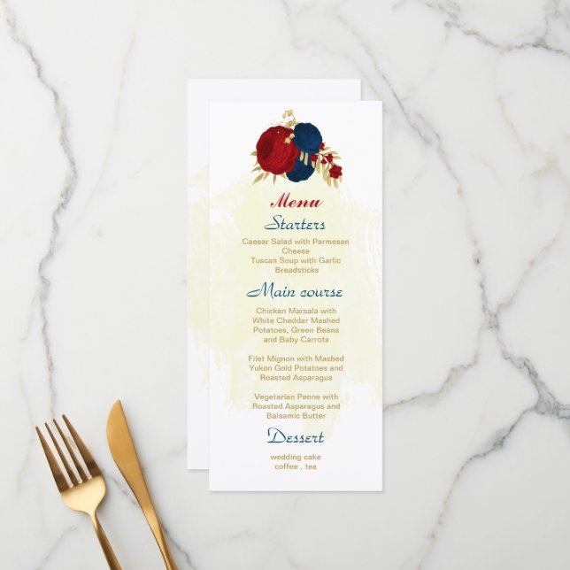 Menu rouge & bleu marine fleurs or feuille mariage (Devant/Arrière en situation)