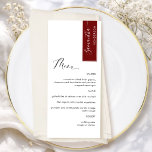 Menu Rouge Bourgogne Personnalisé avec le nom de l'invi<br><div class="desc">Pourquoi dépenser pour des cartes de place et des menus quand vous pouvez avoir un menu élégant tout-en-un personnalisé avec chaque nom d'invité ! Design contemporain, simple et élégant avec une belle calligraphie manuscrite moderne. Rayure dans le coin supérieur droit en rouge bourgogne avec le nom de l'invité en blanc....</div>