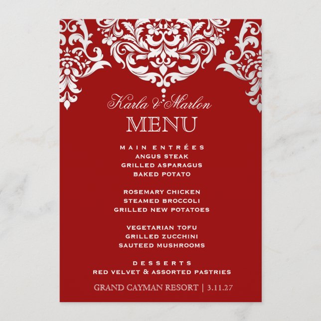 Menu Rouge de damassé de 311 lundi Cherie et argent de (Devant)