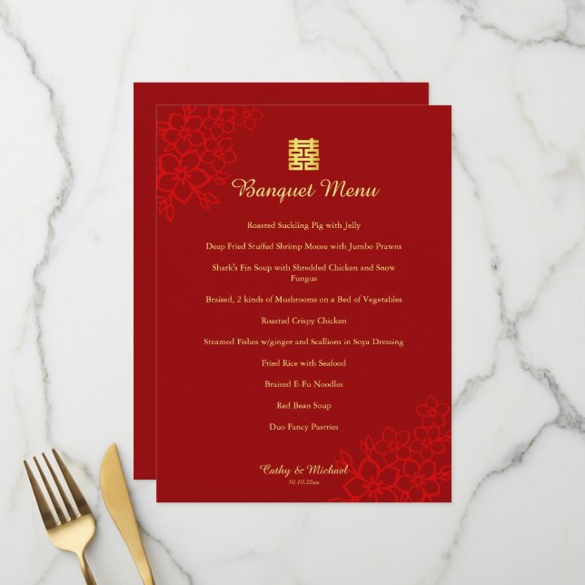 Menu Rouge Double bonheur floral mariage chinois  (Devant/Arrière en situation)