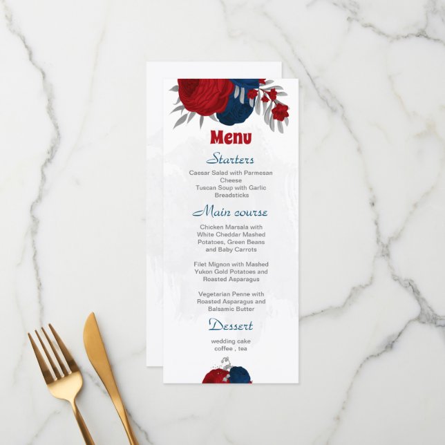 Menu rouge et bleu marine fleurs argent mariage botaniq (Devant/Arrière en situation)