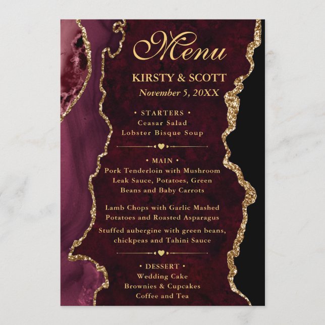 Menu Rouge et Or Faux Paillettes Agate Mariage (Devant)