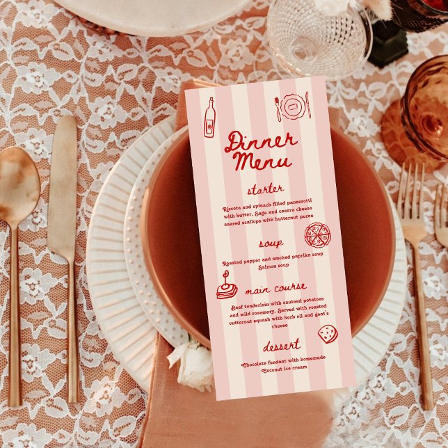 Menu Rouge et Rose Illustré Rétro | Dîner de Mariage (Créateur téléchargé)