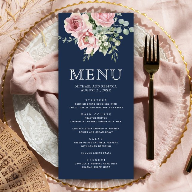Menu Rouge Floral Eucalyptus Bleu Marine Mariage (Créateur téléchargé)