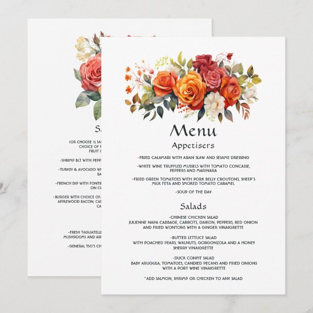 Menu Rouge, orange et floral sauge (Devant / Derrière)