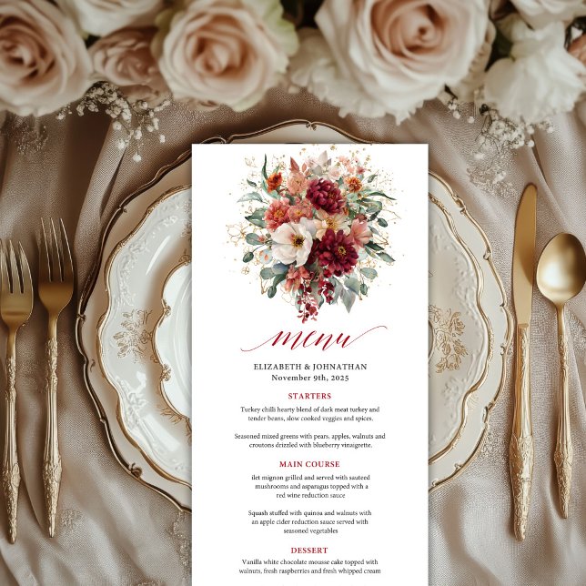 Menu Rouge profond Bourgogne Or Floral Style Bohème mar (Deep Red Burgundy Gold Floral Boho Style wedding menu

)