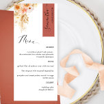 Menu Rouille et broyage broyé Personnalisé avec le nom<br><div class="desc">Pourquoi passer à l'endroit cartes et cartes de menu quand vous pouvez avoir un élégant menu tout-en-un élégant personnalisé avec chaque nom d'invité! Contemporain, simple et élégant design avec des détails floral d'aquarelle exquis dans un beau mélange de pêche, orange, roux, corail poussiéreux, crème et champagne. Eléments calligraphiques écrits à...</div>