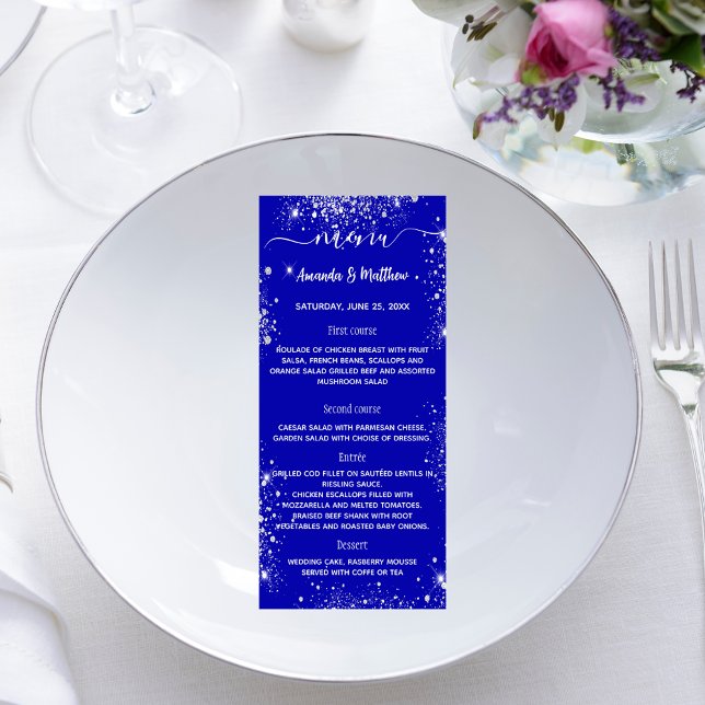 Menu royal bleu argent parties scintillant mariage (Créateur téléchargé)