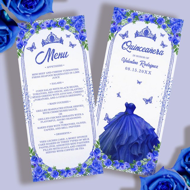 Menu Royal Blue Gold Parties scintillant Floral Quincea (Royal Blue Gold Glitter Floral Quinceanera Menu)