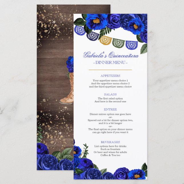 Menu Royal Blue Rose Rustic Western Charra Party (Devant / Derrière)