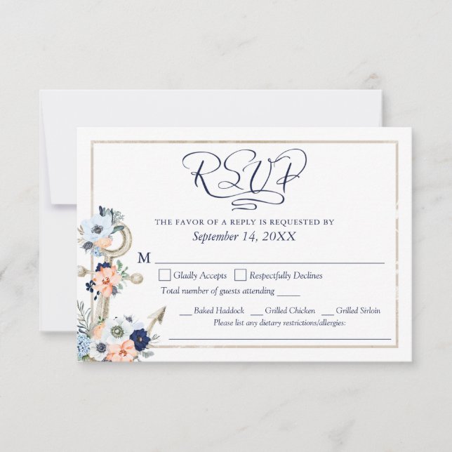 Menu RSVP Ancre de Mariage Bleu Marine Pêche (Devant)