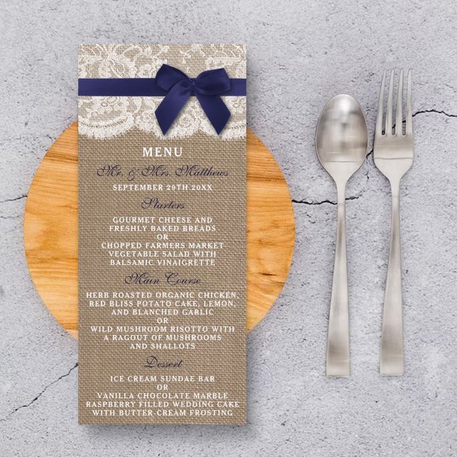 Menu Ruban de la marine sur Burlap et Mariage dentelle  (Créateur téléchargé)