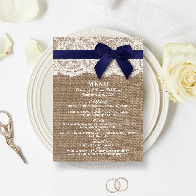 Menu Ruban de la marine sur Burlap et Mariage dentelle  (Créateur téléchargé)