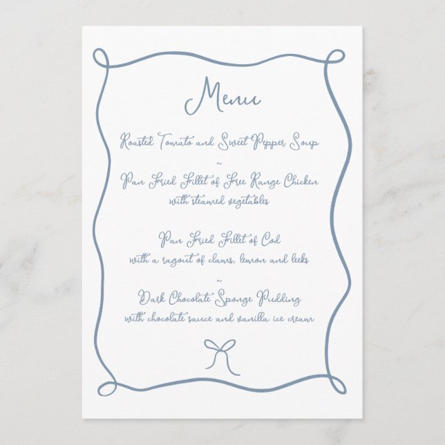 Menu Ruban et Mariage bleu dusty tiré à la main (Devant)