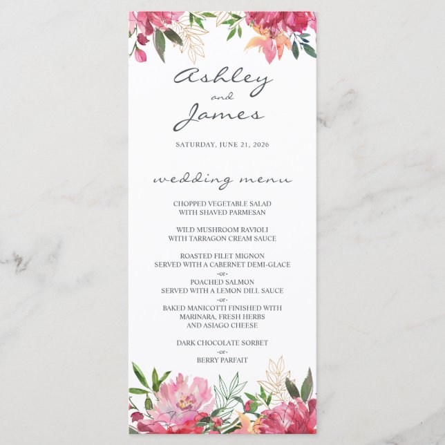 Menu Ruby Pink Peony Floral Mariage (Devant)