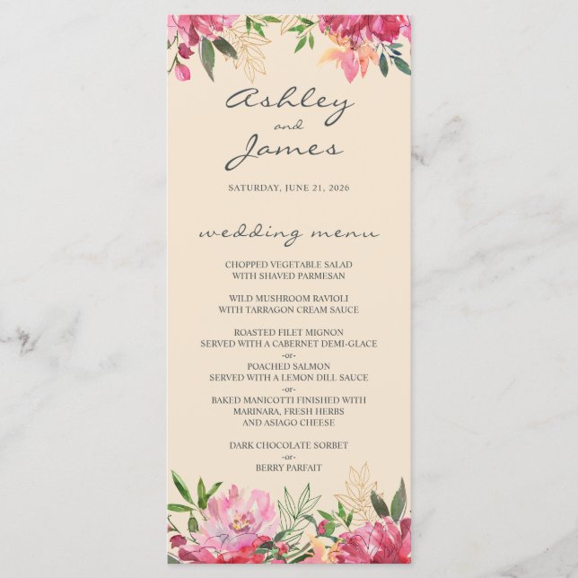 Menu Ruby Pink Peony Floral Mariage d'ivoire (Devant)
