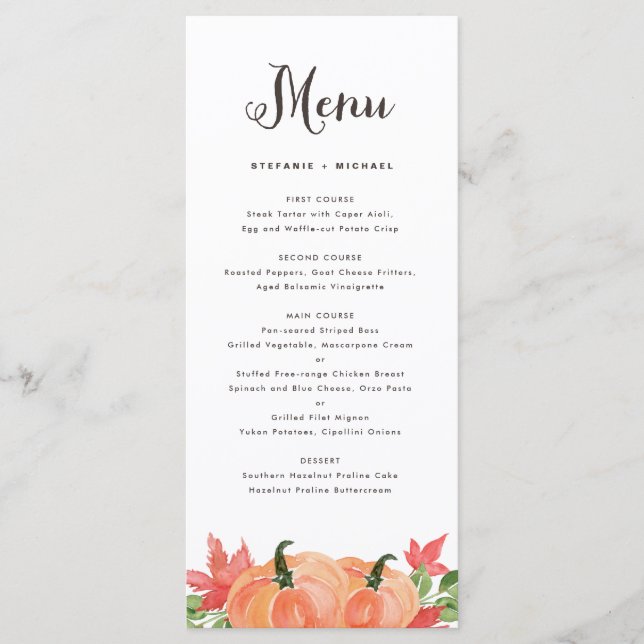 Menu Russe Aquarelle Citrouille orange Mariage de autom (Devant)
