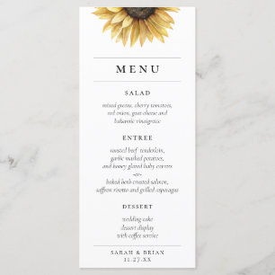 Menu Russe aquarelle tournesol moderne Mariage
