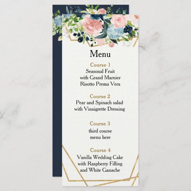 Menu Russe Marine Blush Gold Floral Mariage géométrique (Devant / Derrière)