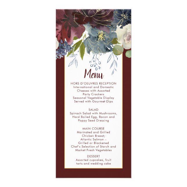 Menu Russe Rose Navy Burgundy Gold Floral Mariage  (Devant)