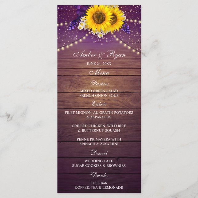 Menu Russe violet Jaune Tournesol Floral Country Grange (Devant)