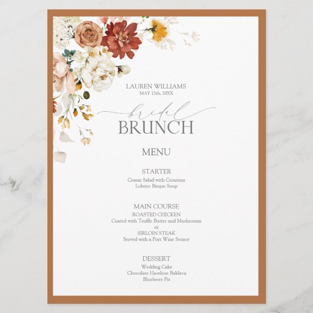 Menu Rust Orange Aquarelle Botanique Bridal Brunch (Devant)