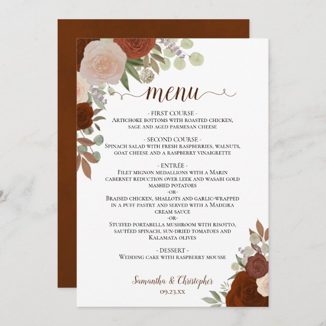 Menu Rust Orange Automne Floral Élégant Mariage Boho (Devant / Derrière)