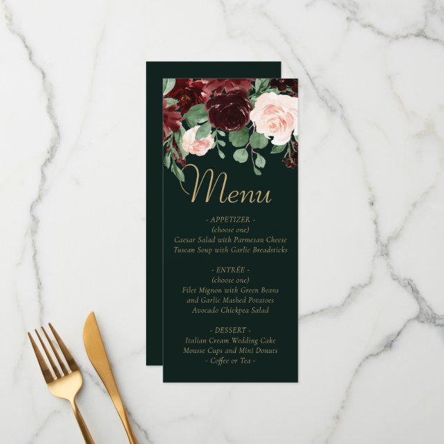 Menu Rustic Bloom | Florale Terracotta et Marsala Rouge (Devant/Arrière en situation)