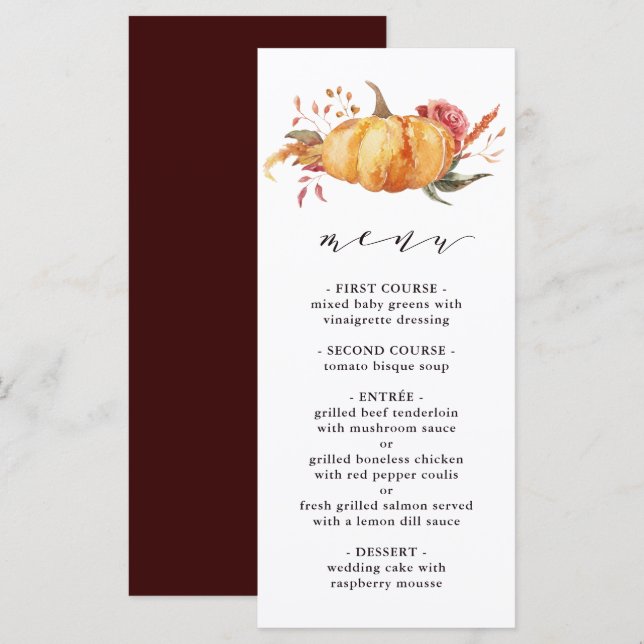 Menu Rustic Fall Gold Floral Citrouille Mariage (Devant / Derrière)