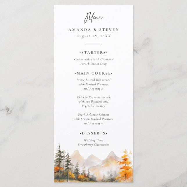 Menu Rustic Fall Mountain Pine Forest Wedding (Devant)