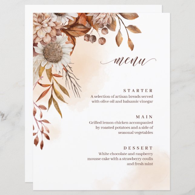 Menu Rustic Floral Mariage de automne (Devant / Derrière)