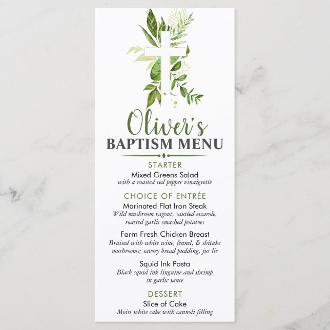 Menu Rustic Greenery Cross Boy Baptism Custom Event (Devant)