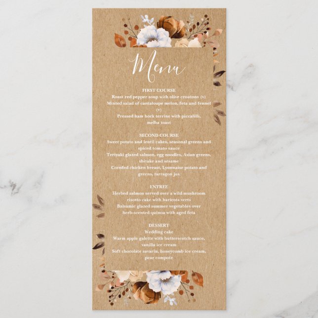 Menu Rustic Kraft Automne automne Mariage floral (Devant)