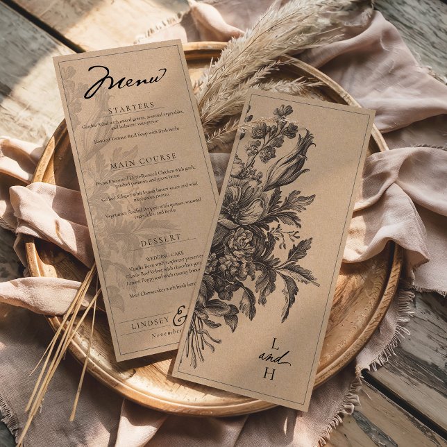 Menu Rustic Kraft Vintage Floral Romantic Wedding (Rustic Kraft and Black vintage floral bouquet 4x9 monogram botanical wedding reception dinner menu)