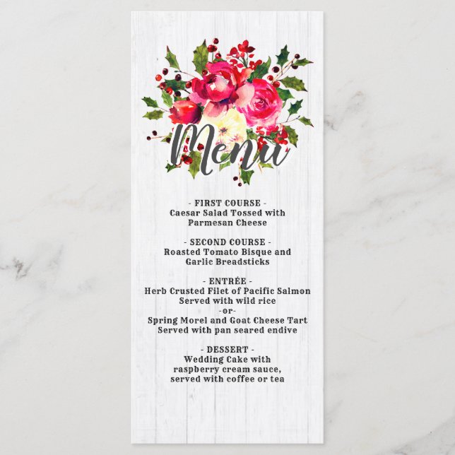 Menu Rustic Winter Holly White Wood Mariage (Devant)