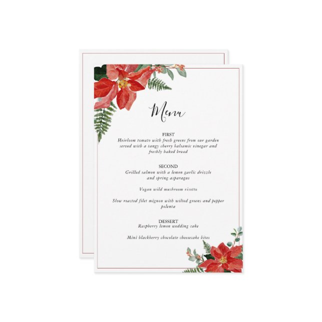 Menu Rustic Winter Poinsettia Red Christmas Wedding (Devant/Arrière en situation)