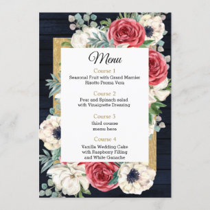 Menu Rustic Wood Navy Burgundy Gold Floral Mariage