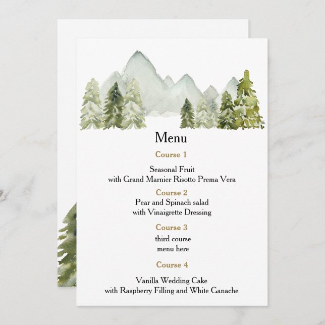 Menu Rustique Aquarelle Montagnes Pine Mariage d'hiver (Devant / Derrière)