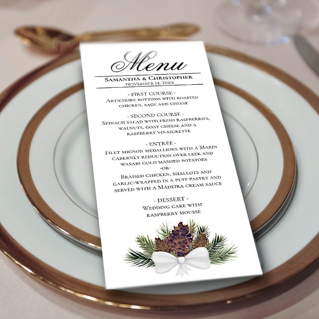 Menu Rustique Aquarelle Pinecones Élégant Mariage d'hiv (Créateur téléchargé)