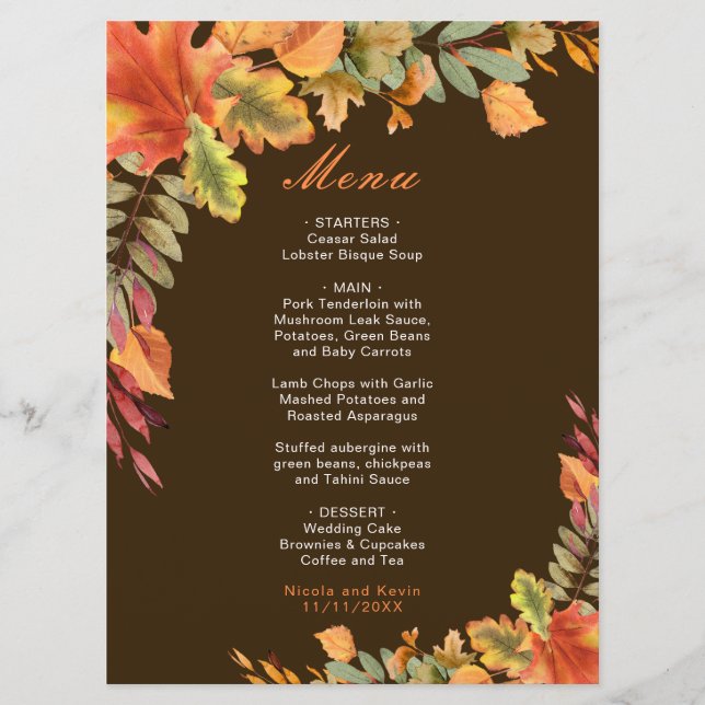 Menu Rustique Automne Feuilles Mariage (Devant)