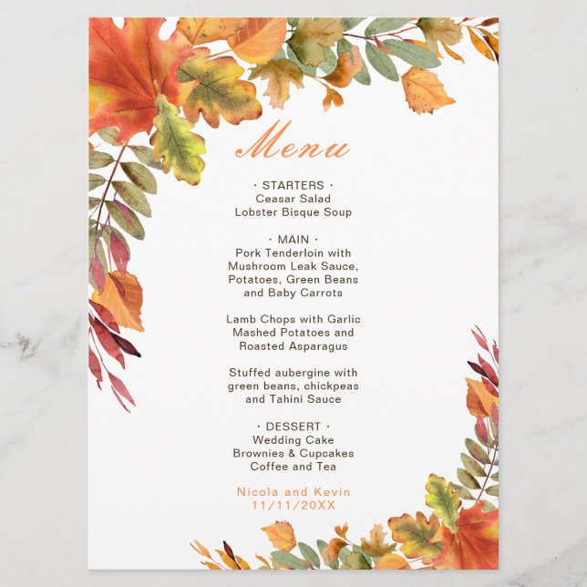 Menu Rustique Automne Feuilles Mariage (Devant)