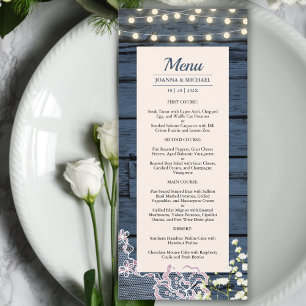 Menu Rustique Bleu Chaîne Lumières & Mariage dentelle
