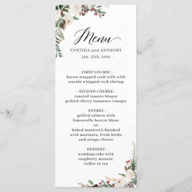 Menu Rustique Chic Hiver Floral Holly Berries Mariage (Devant)