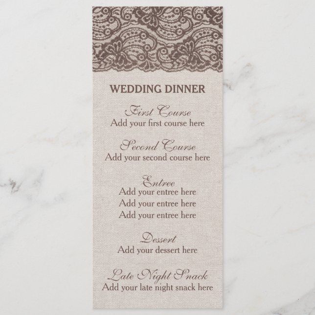 Menu Rustique dîner Mariage Burlap dentelle (Devant)