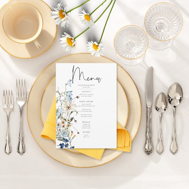 Menu Rustique Dusty Blue Fleurs sauvages & Daisy Mariag (Rustic Dusty Blue Wildflowers & Daisies Wedding Menu)